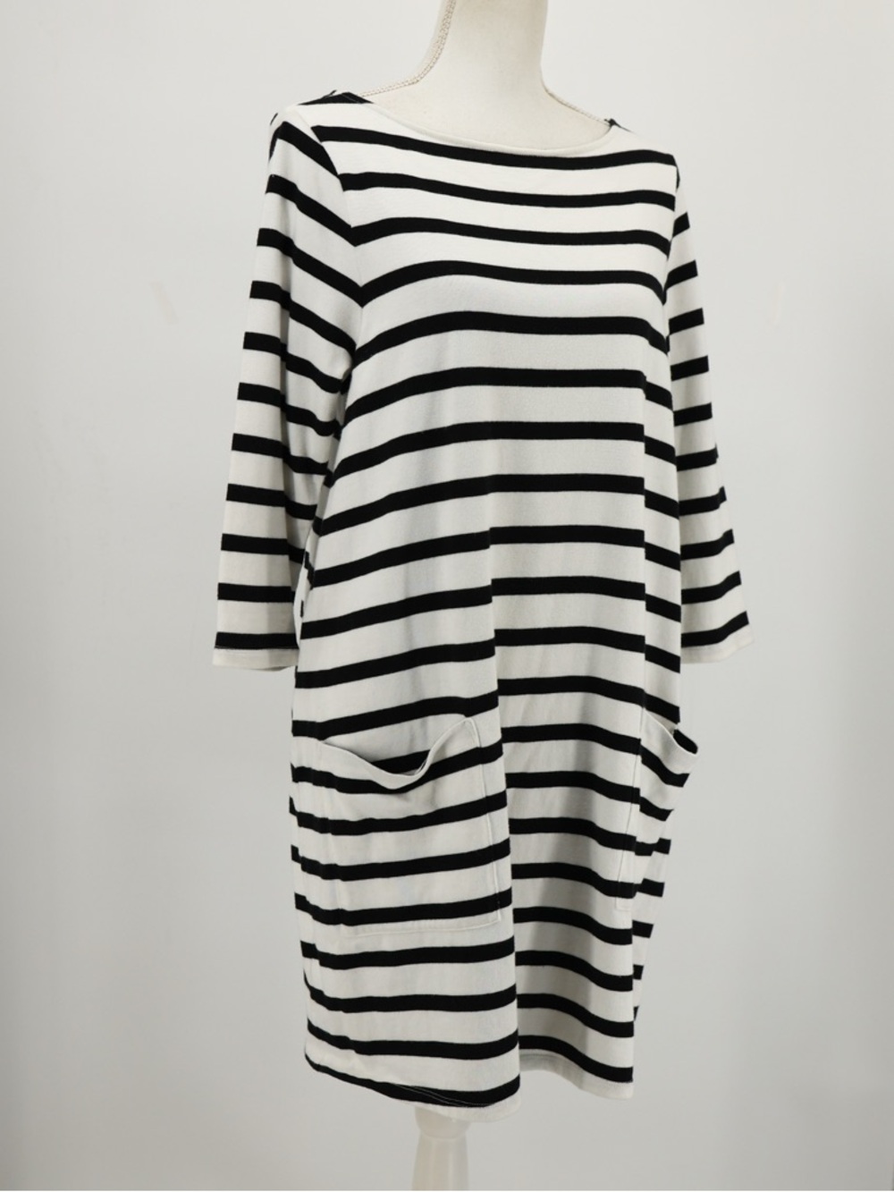 The Nines By Hatch Striped Cotton Shift Dress Boat Neck Pockets Black White S‎